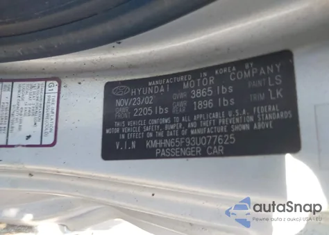 2003 Hyundai Tiburon Gt V6 z USA, uszkodzony, nr VIN KMHHN65F93U077625